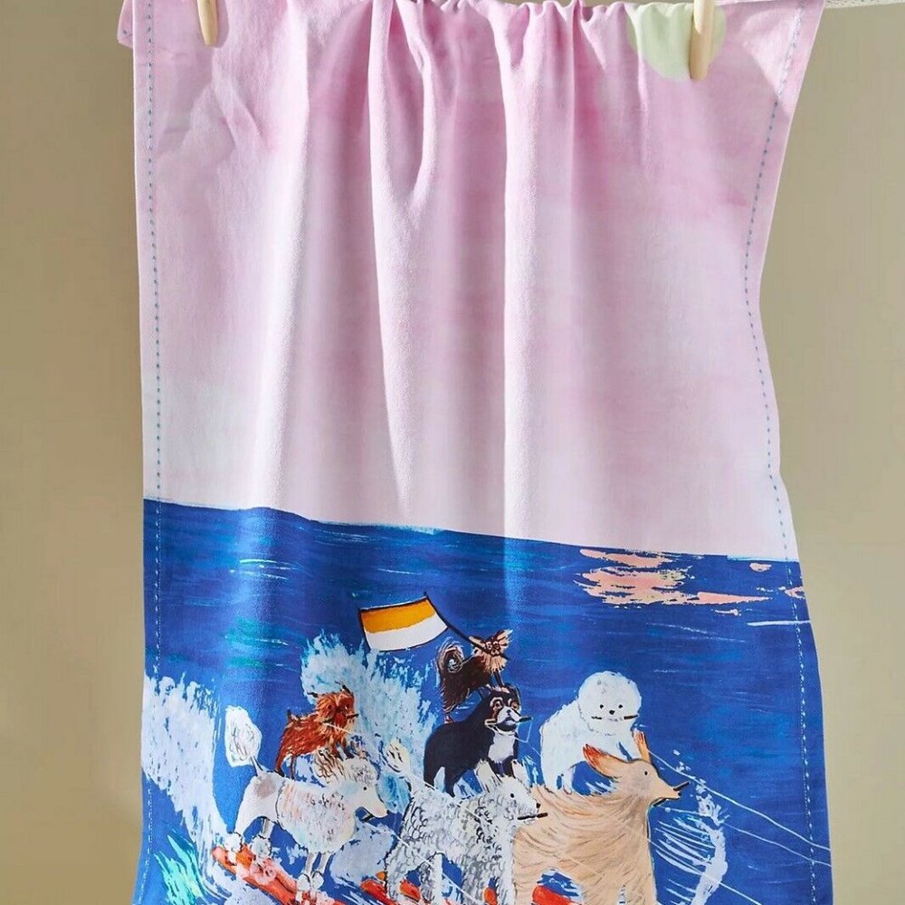 Anthropologie WATERSKIING DOGS Kitchen Towel Animal Lover Fun pink contemporary